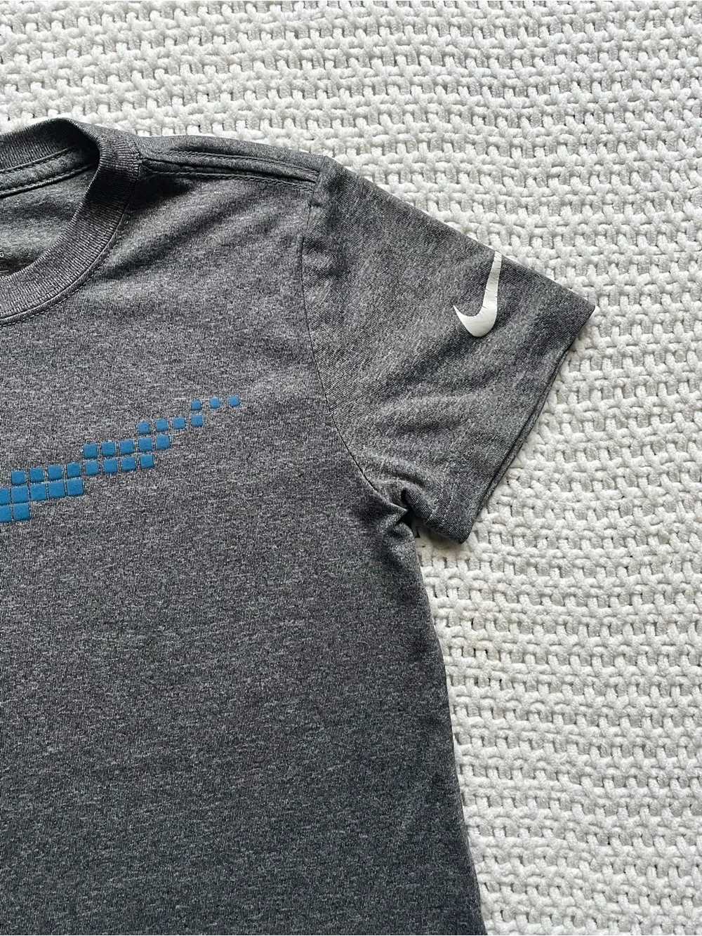 Nike Gray Tee with Blue Pixel Swoosh & Navy Patterned Shorts